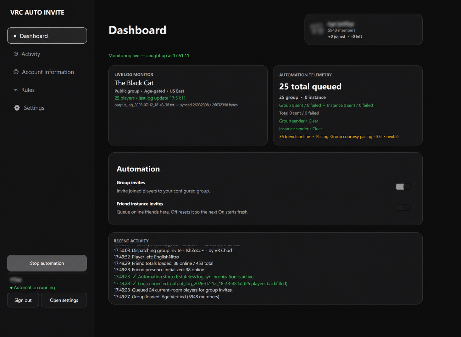 VRC Relay dashboard with live instance monitoring, automation telemetry, invite controls, and recent activity